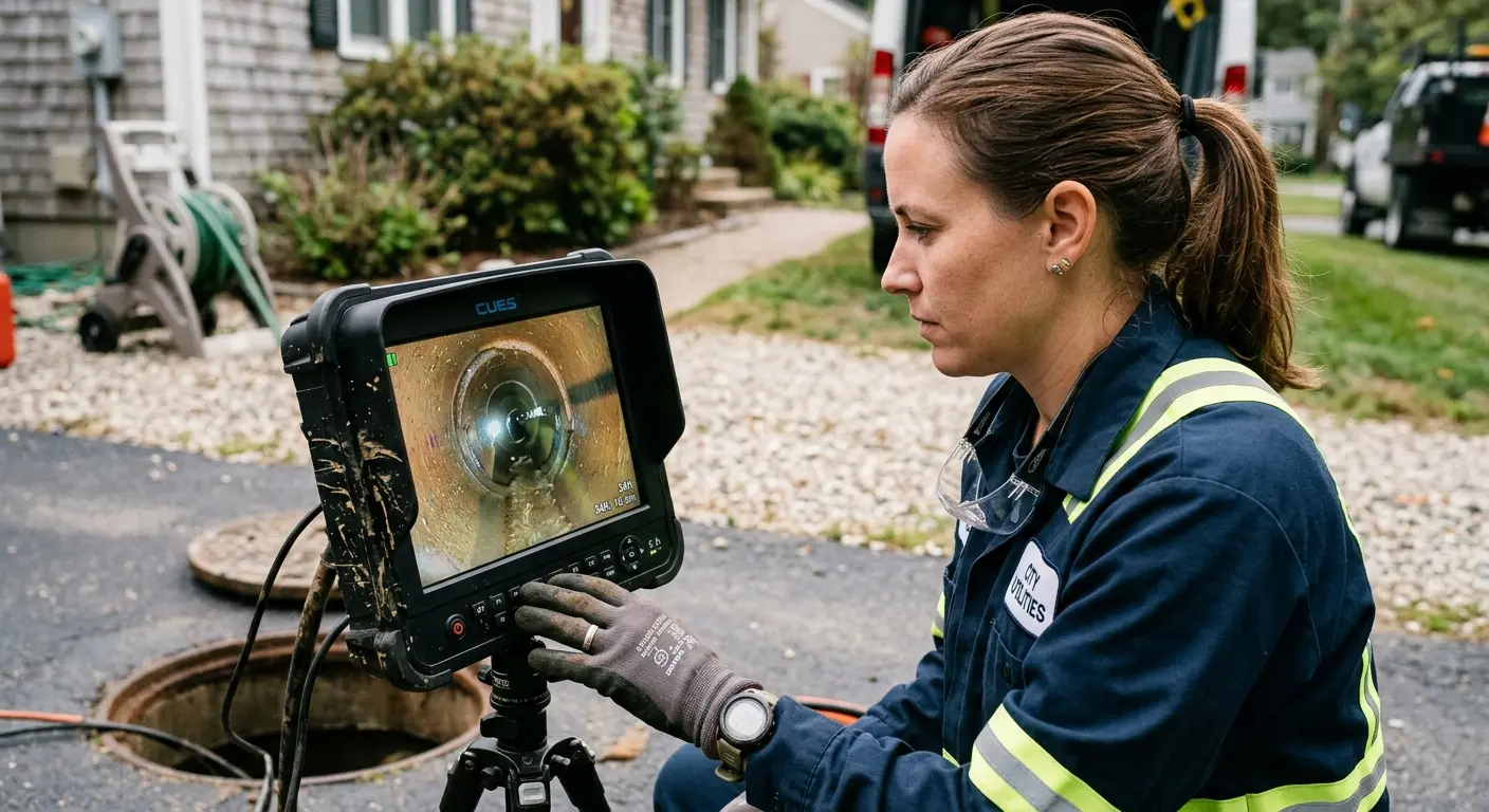 Technician reviewing sewer camera inspection footage in Brigham City