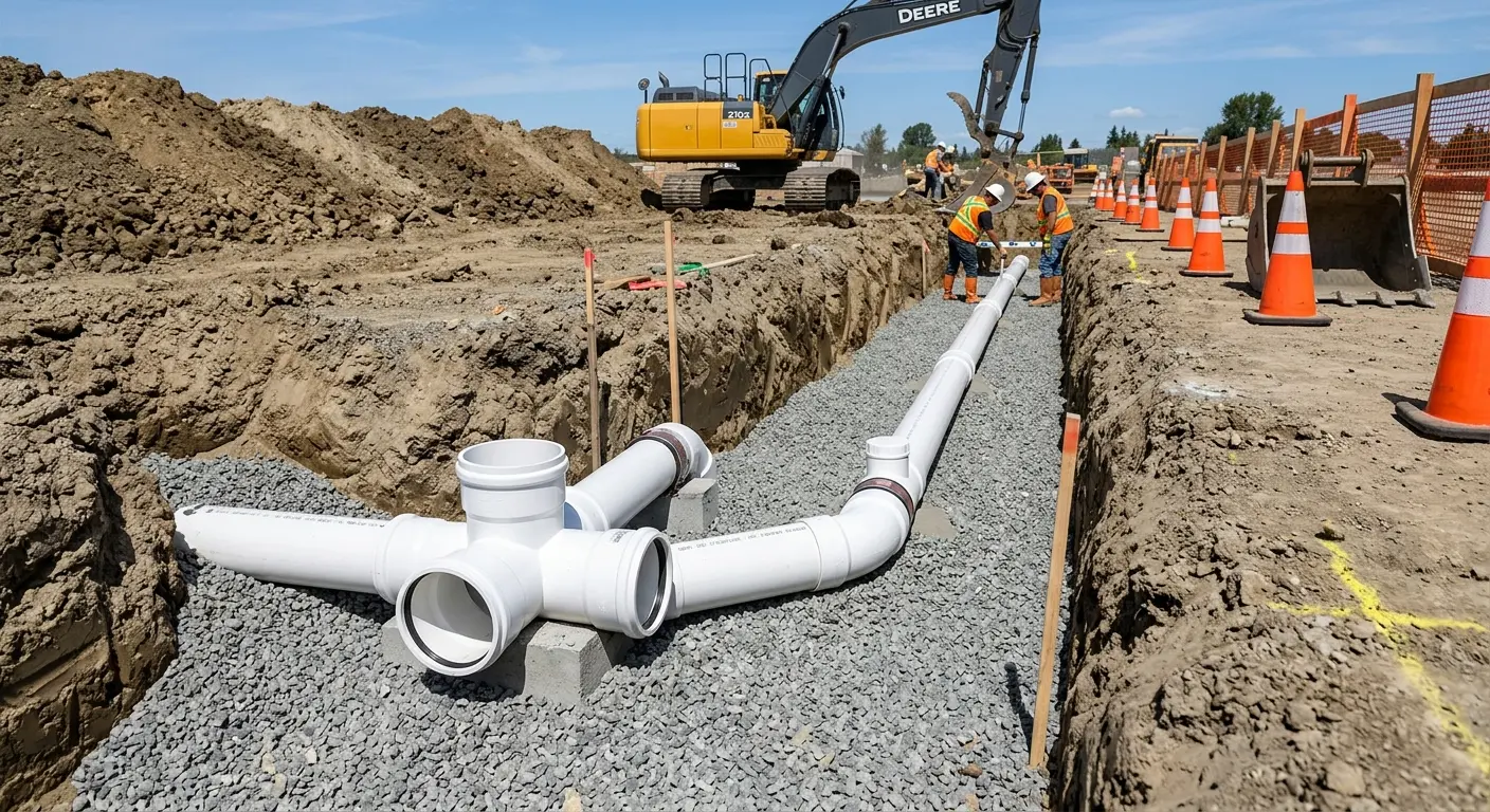 New PVC sewer pipe installation in open trench for Grease Trap Cleaning in Brigham City