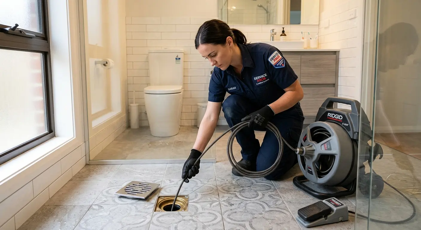 Technician clearing a bathroom floor drain for Clogged Drain Repair in Brigham City